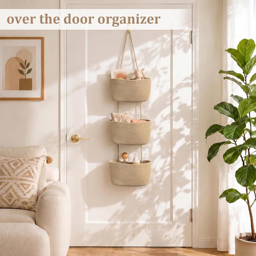 3-Tier Woven Cotton Wall-Mounted Storage Organizer Bag