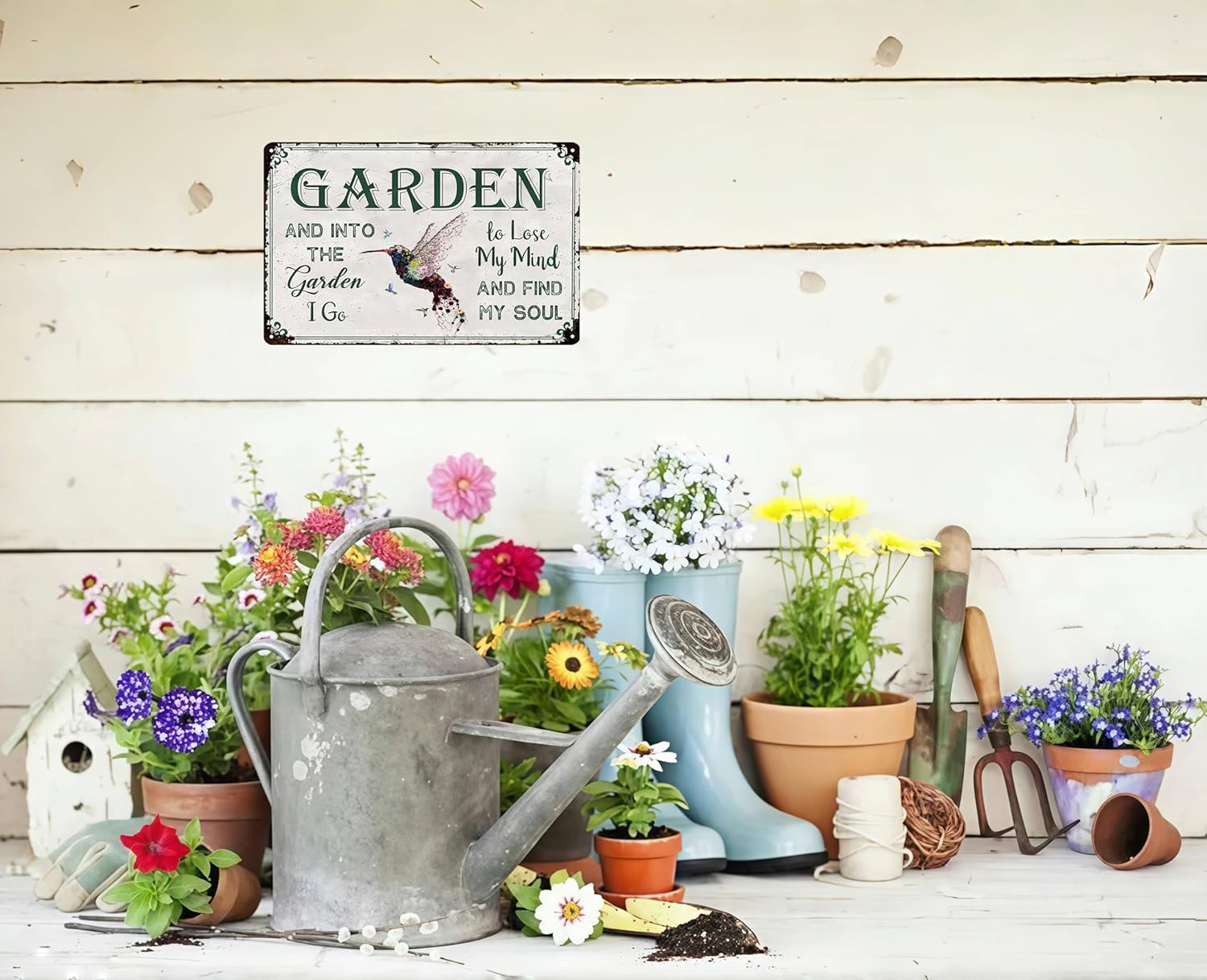 Vintage Hummingbird Garden Tin Sign 8x12 Inch Outdoor Wall Decor