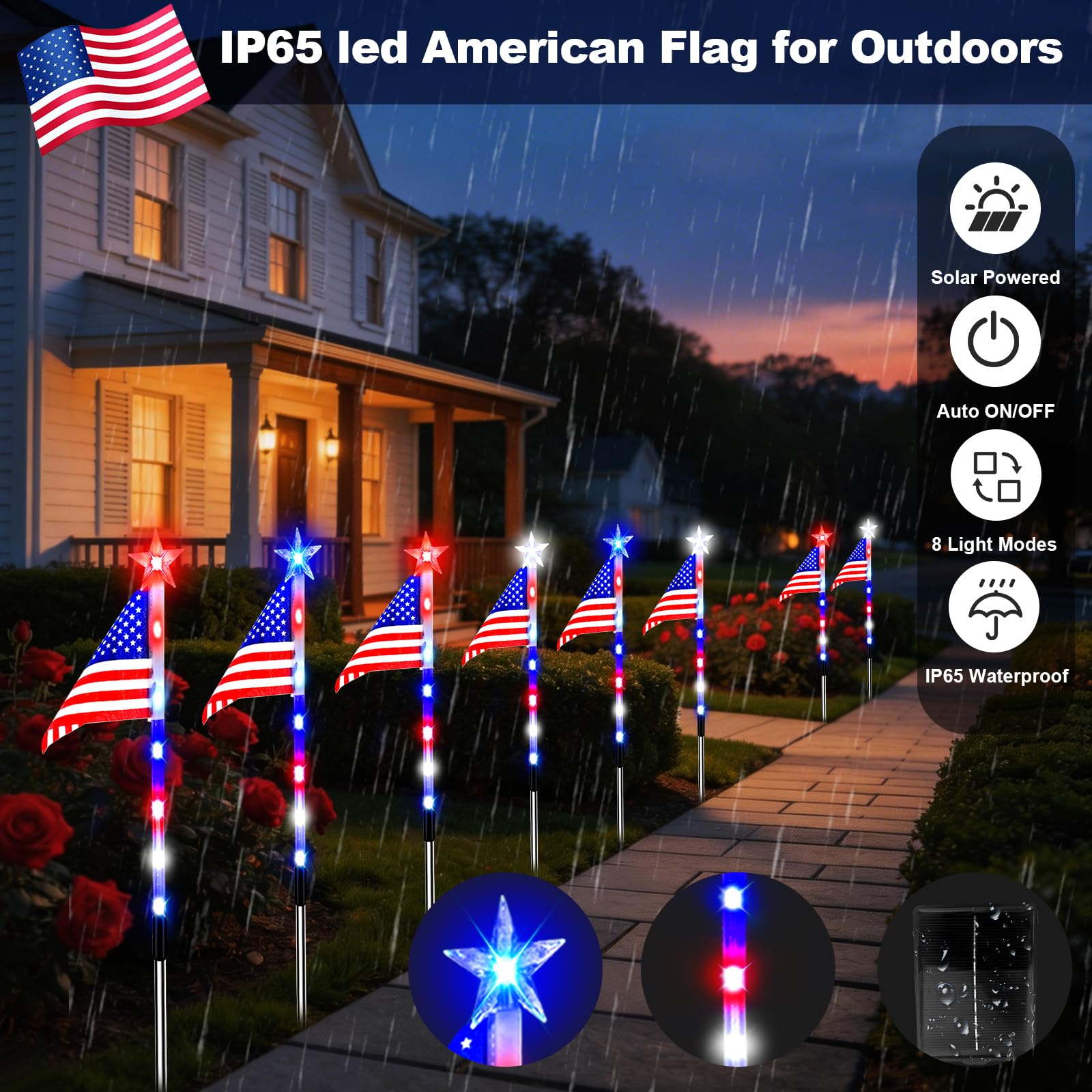 8 Pack Solar Flag Lights 4th of July Decorations Outdoor