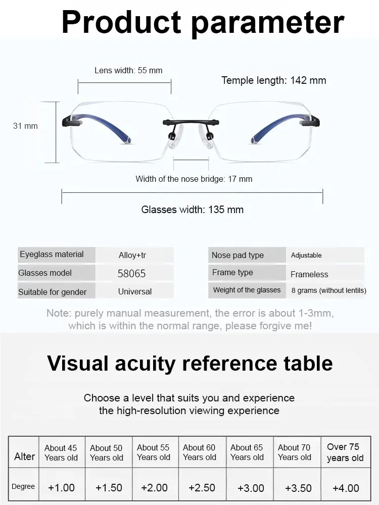 Diamond-cut frameless blue light blocking glasses